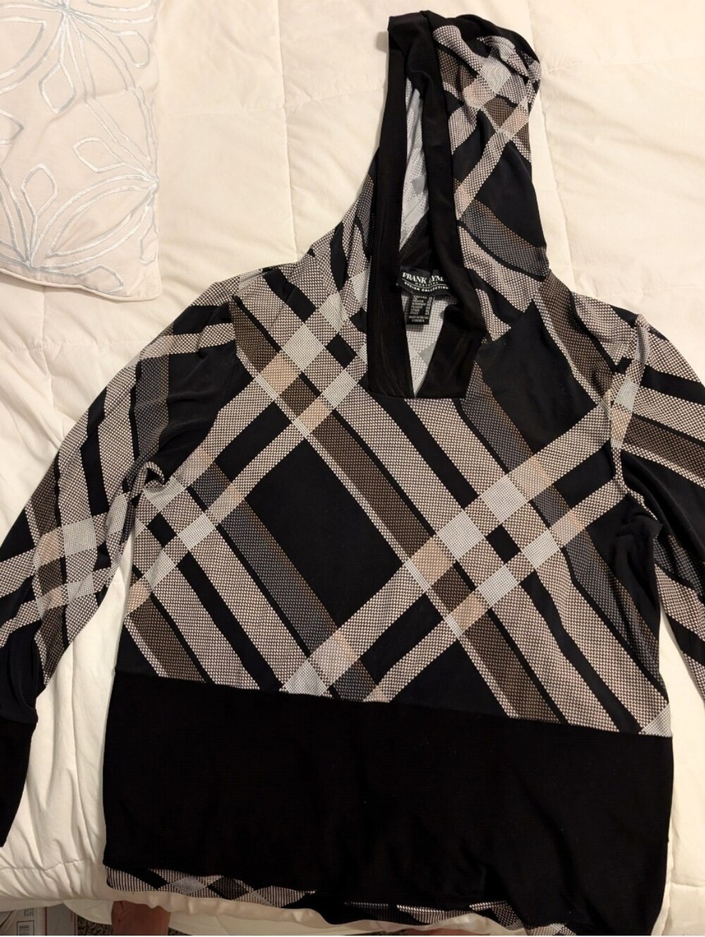 Frank Lyman Design Black and Taupe Plaid Hoodie Top